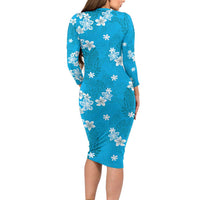 Hawaii Monstera Deliciosa Family Matching Long Sleeve Bodycon Dress and Hawaiian Shirt Blue Plumeria Polynesian Pattern - Polynesian Pride