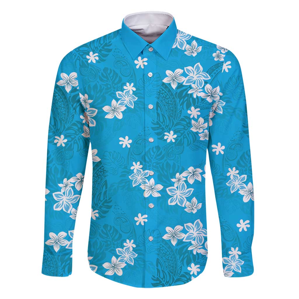 Hawaii Monstera Deliciosa Family Matching Mermaid Dress and Hawaiian Shirt Blue Plumeria Polynesian Pattern - Polynesian Pride