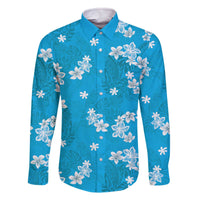 Hawaii Monstera Deliciosa Family Matching Off The Shoulder Long Sleeve Dress and Hawaiian Shirt Blue Plumeria Polynesian Pattern - Polynesian Pride