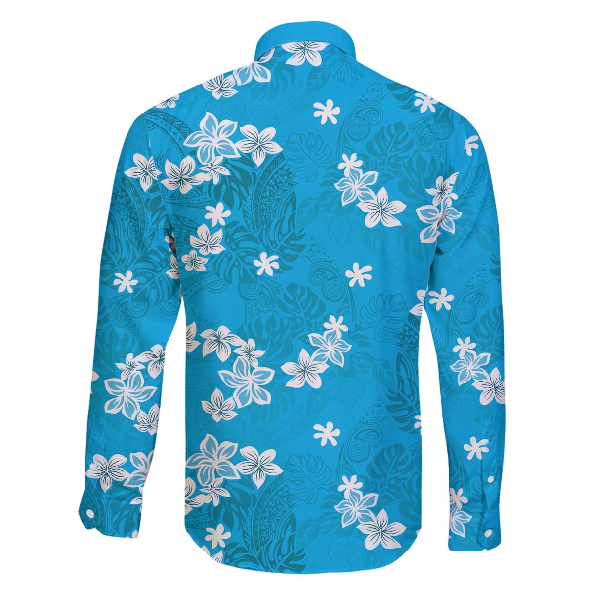 Hawaii Monstera Deliciosa Family Matching Off The Shoulder Long Sleeve Dress and Hawaiian Shirt Blue Plumeria Polynesian Pattern - Polynesian Pride