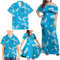 Hawaii Monstera Deliciosa Family Matching Off Shoulder Maxi Dress and Hawaiian Shirt Blue Plumeria Polynesian Pattern - Polynesian Pride