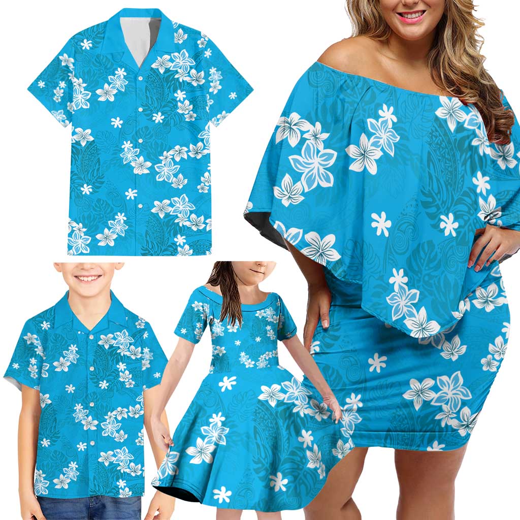 Hawaii Monstera Deliciosa Family Matching Off Shoulder Short Dress and Hawaiian Shirt Blue Plumeria Polynesian Pattern - Polynesian Pride