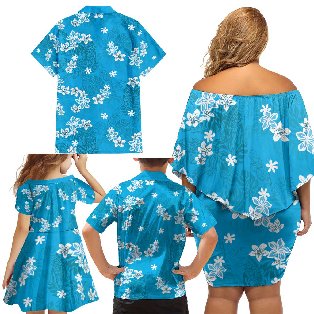 Hawaii Monstera Deliciosa Family Matching Off Shoulder Short Dress and Hawaiian Shirt Blue Plumeria Polynesian Pattern - Polynesian Pride