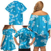 Hawaii Monstera Deliciosa Family Matching Off Shoulder Short Dress and Hawaiian Shirt Blue Plumeria Polynesian Pattern - Polynesian Pride