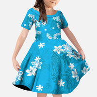 Hawaii Monstera Deliciosa Family Matching Puletasi and Hawaiian Shirt Blue Plumeria Polynesian Pattern LT05 Daughter's Dress Blue - Polynesian Pride
