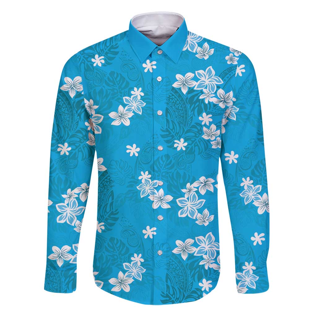 Hawaii Monstera Deliciosa Family Matching Puletasi and Hawaiian Shirt Blue Plumeria Polynesian Pattern LT05 Dad's Shirt - Long Sleeve Blue - Polynesian Pride
