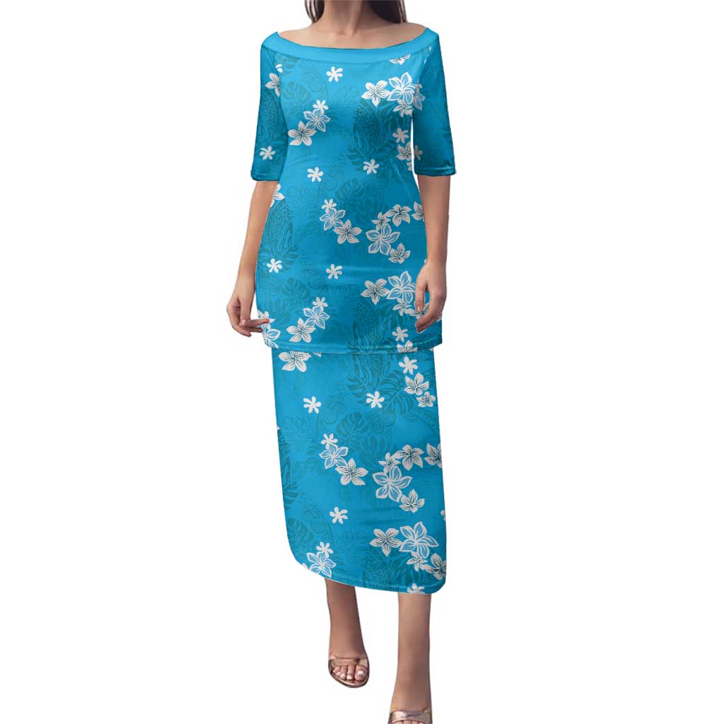 Hawaii Monstera Deliciosa Family Matching Puletasi and Hawaiian Shirt Blue Plumeria Polynesian Pattern LT05 Mom's Dress Blue - Polynesian Pride