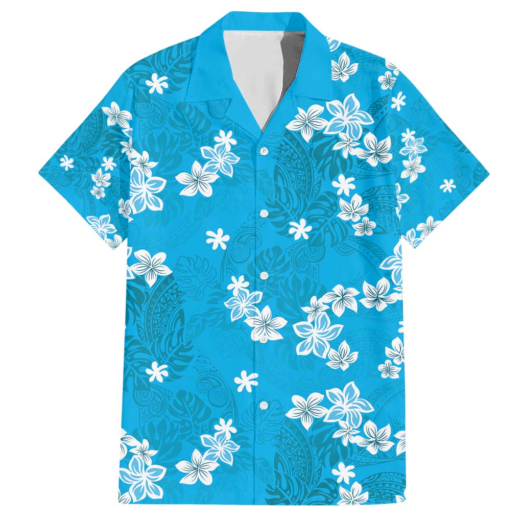 Hawaii Monstera Deliciosa Family Matching Short Sleeve Bodycon Dress and Hawaiian Shirt Blue Plumeria Polynesian Pattern - Polynesian Pride