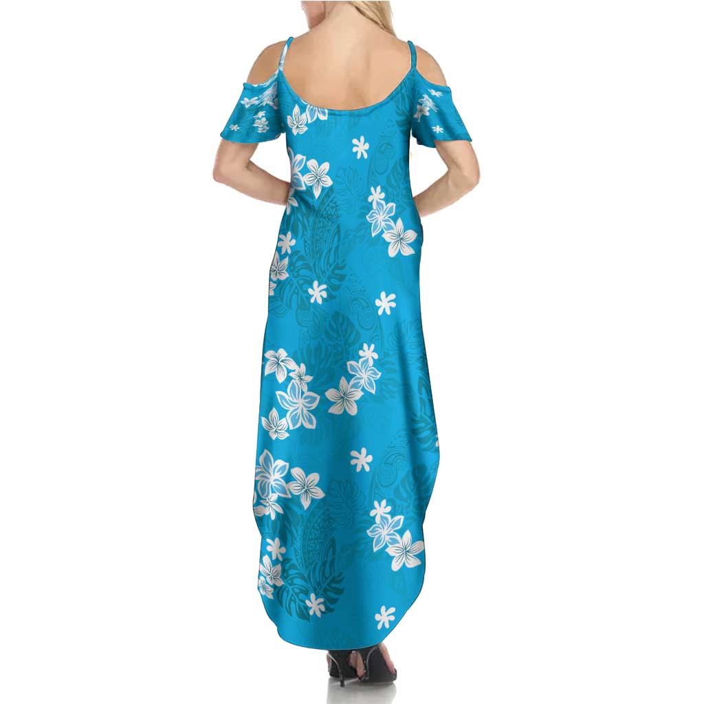 Hawaii Monstera Deliciosa Family Matching Summer Maxi Dress and Hawaiian Shirt Blue Plumeria Polynesian Pattern - Polynesian Pride