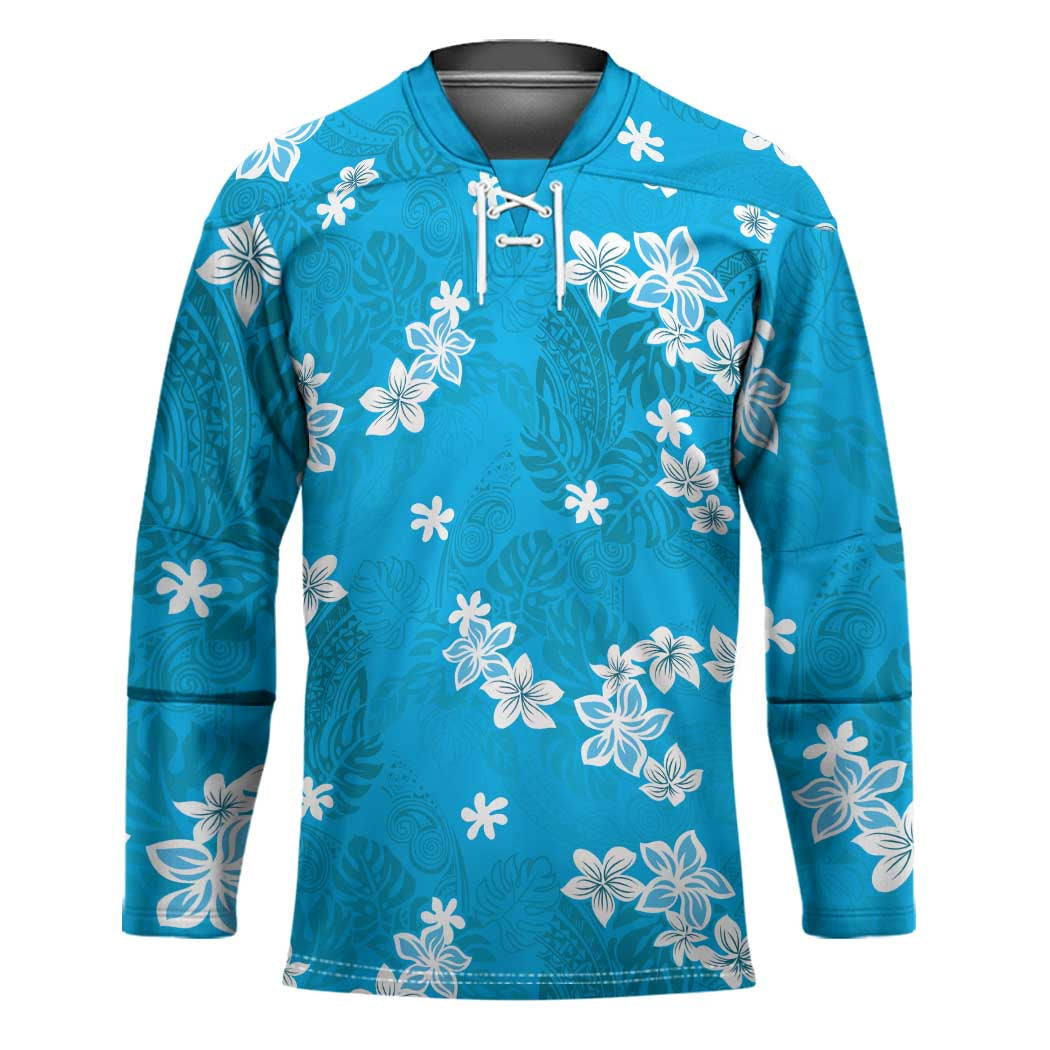 Hawaii Monstera Deliciosa Hockey Jersey Blue Plumeria Polynesian Pattern LT05 Unisex Blue - Polynesian Pride