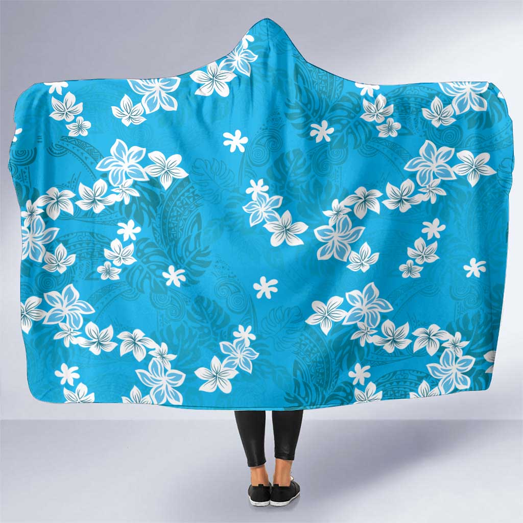 Hawaii Monstera Deliciosa Hooded Blanket Blue Plumeria Polynesian Pattern - Polynesian Pride