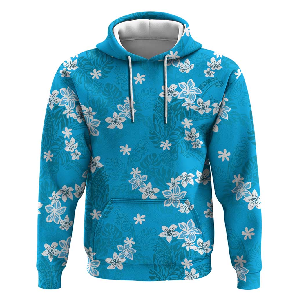 Hawaii Monstera Deliciosa Hoodie Blue Plumeria Polynesian Pattern - Polynesian Pride