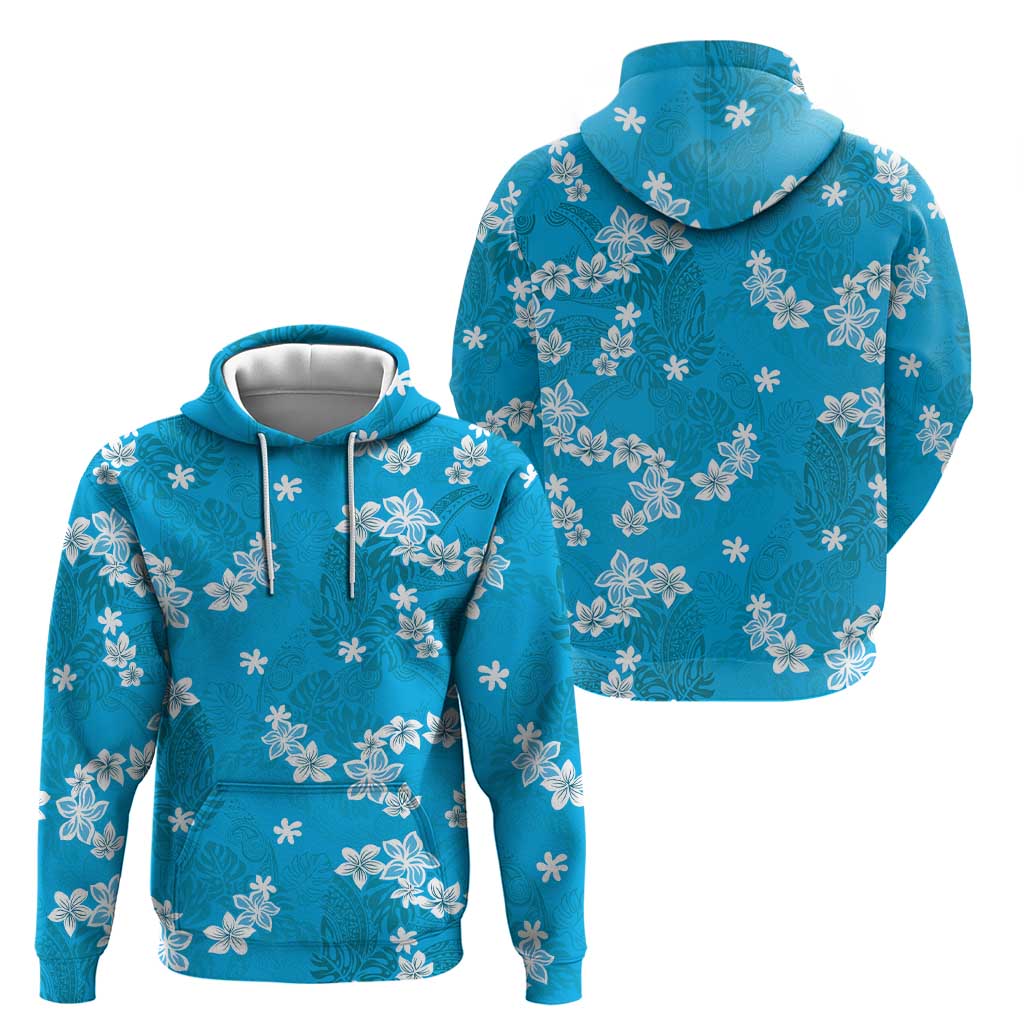 Hawaii Monstera Deliciosa Hoodie Blue Plumeria Polynesian Pattern - Polynesian Pride