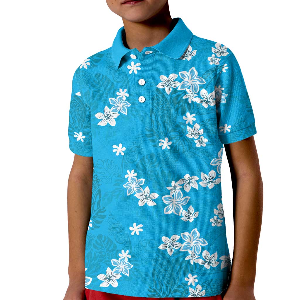 Hawaii Monstera Deliciosa Kid Polo Shirt Blue Plumeria Polynesian Pattern - Polynesian Pride