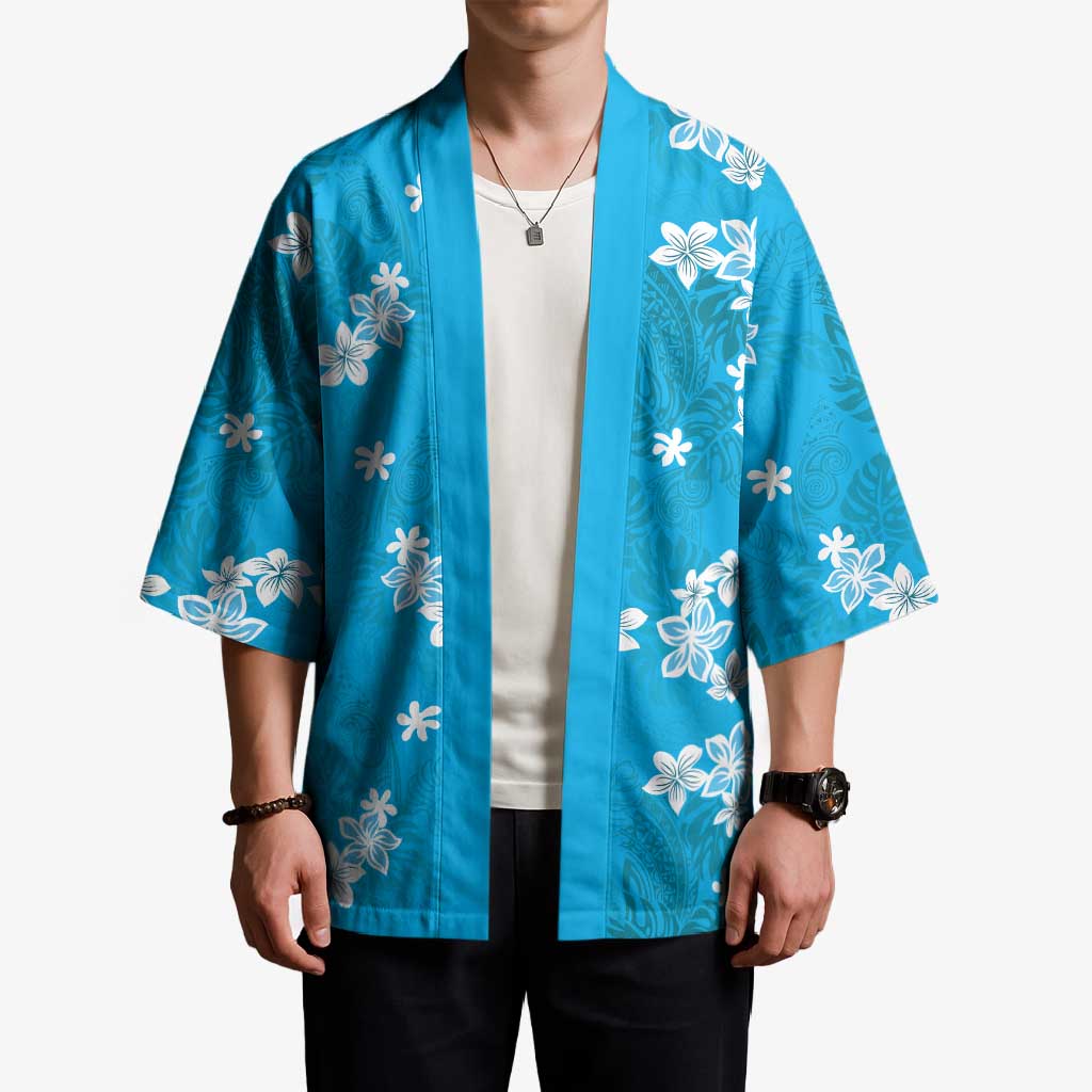 Hawaii Monstera Deliciosa Kimono Blue Plumeria Polynesian Pattern - Polynesian Pride