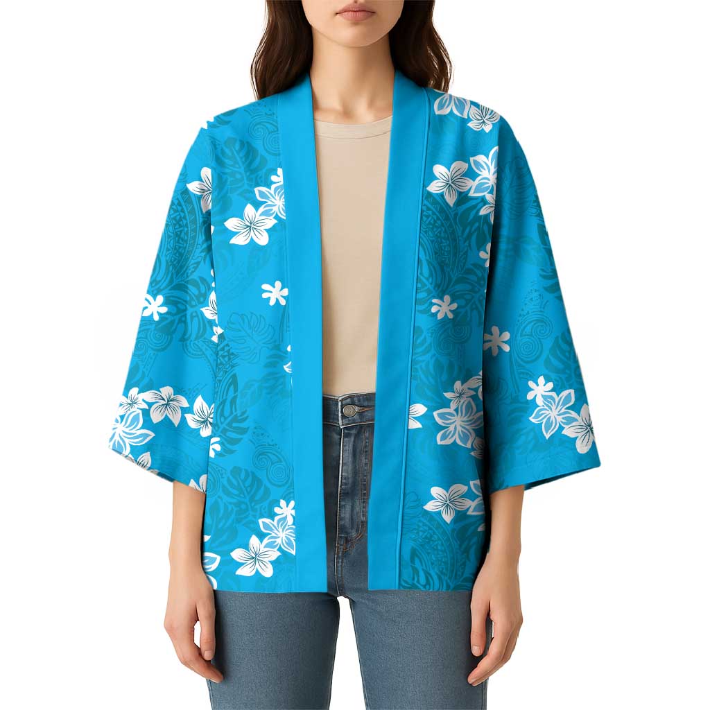 Hawaii Monstera Deliciosa Kimono Blue Plumeria Polynesian Pattern - Polynesian Pride