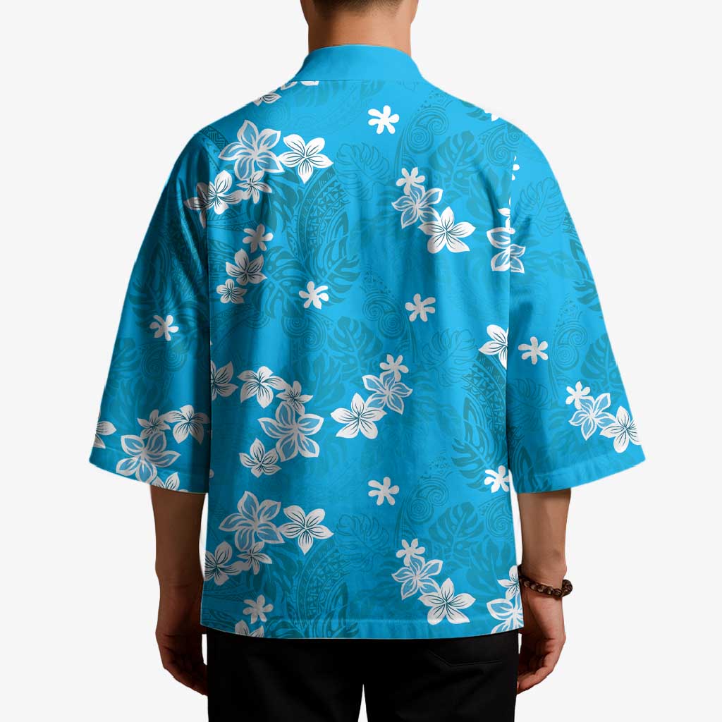 Hawaii Monstera Deliciosa Kimono Blue Plumeria Polynesian Pattern - Polynesian Pride