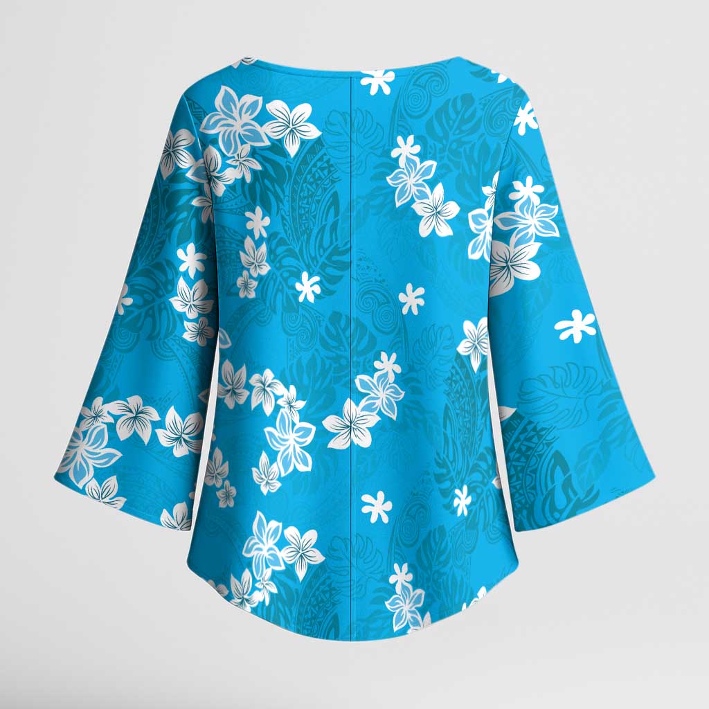 Hawaii Monstera Deliciosa Kimono Sleeve Blouse Blue Plumeria Polynesian Pattern - Polynesian Pride