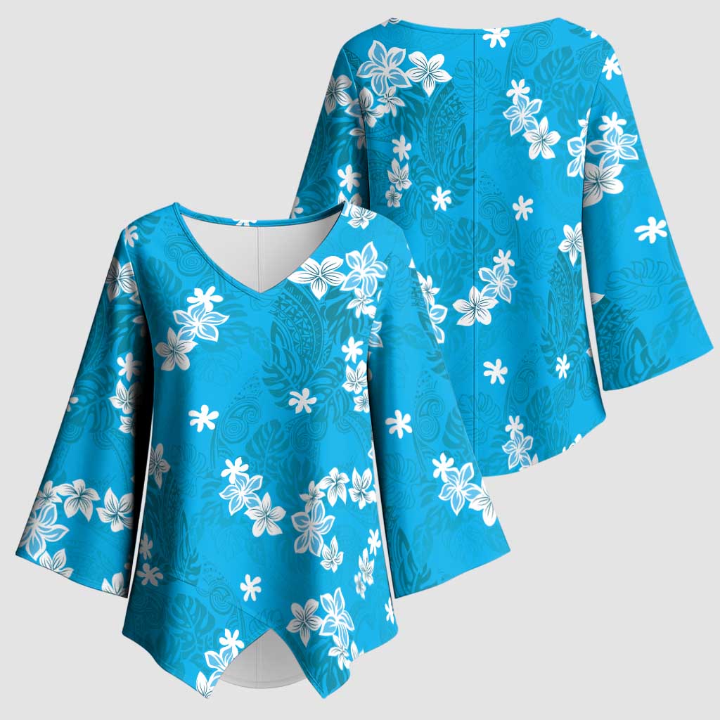 Hawaii Monstera Deliciosa Kimono Sleeve Blouse Blue Plumeria Polynesian Pattern - Polynesian Pride