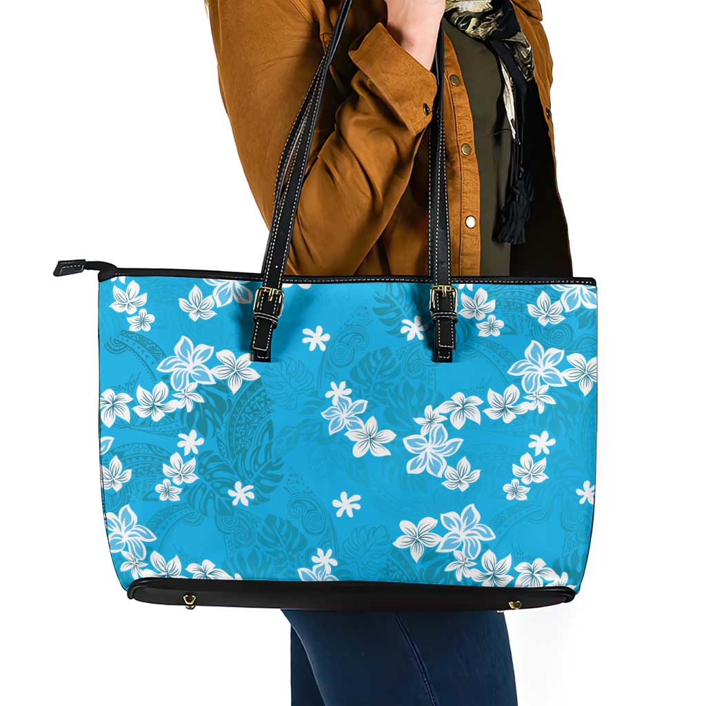Hawaii Monstera Deliciosa Leather Tote Bag Blue Plumeria Polynesian Pattern - Polynesian Pride