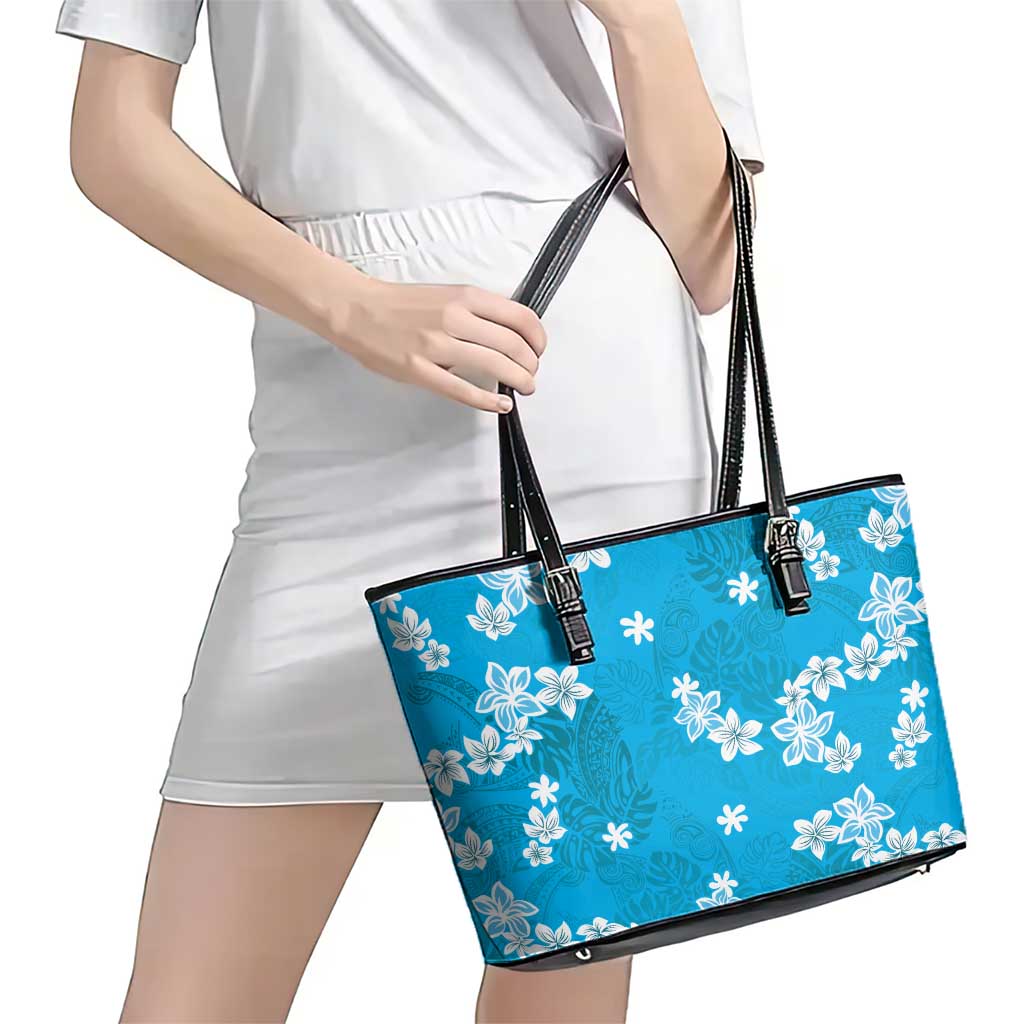 Hawaii Monstera Deliciosa Leather Tote Bag Blue Plumeria Polynesian Pattern - Polynesian Pride