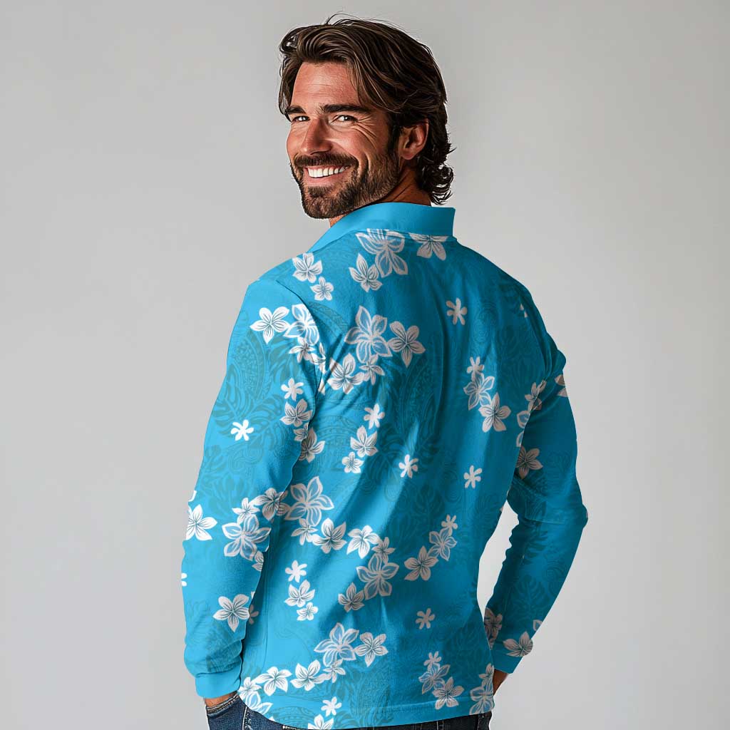 Hawaii Monstera Deliciosa Long Sleeve Polo Shirt Blue Plumeria Polynesian Pattern LT05 - Polynesian Pride