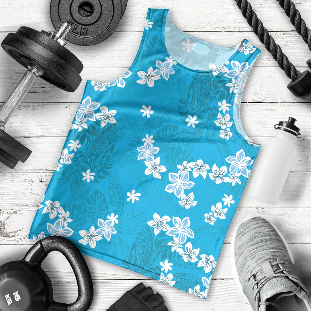 Hawaii Monstera Deliciosa Men Tank Top Blue Plumeria Polynesian Pattern - Polynesian Pride