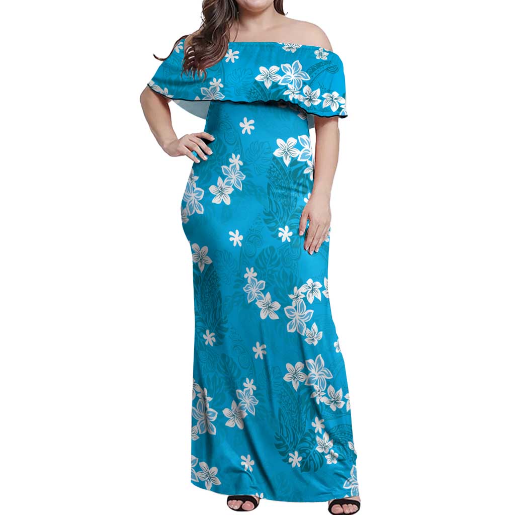 Hawaii Monstera Deliciosa Off Shoulder Maxi Dress Blue Plumeria Polynesian Pattern - Polynesian Pride