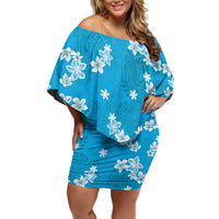 Hawaii Monstera Deliciosa Off Shoulder Short Dress Blue Plumeria Polynesian Pattern - Polynesian Pride