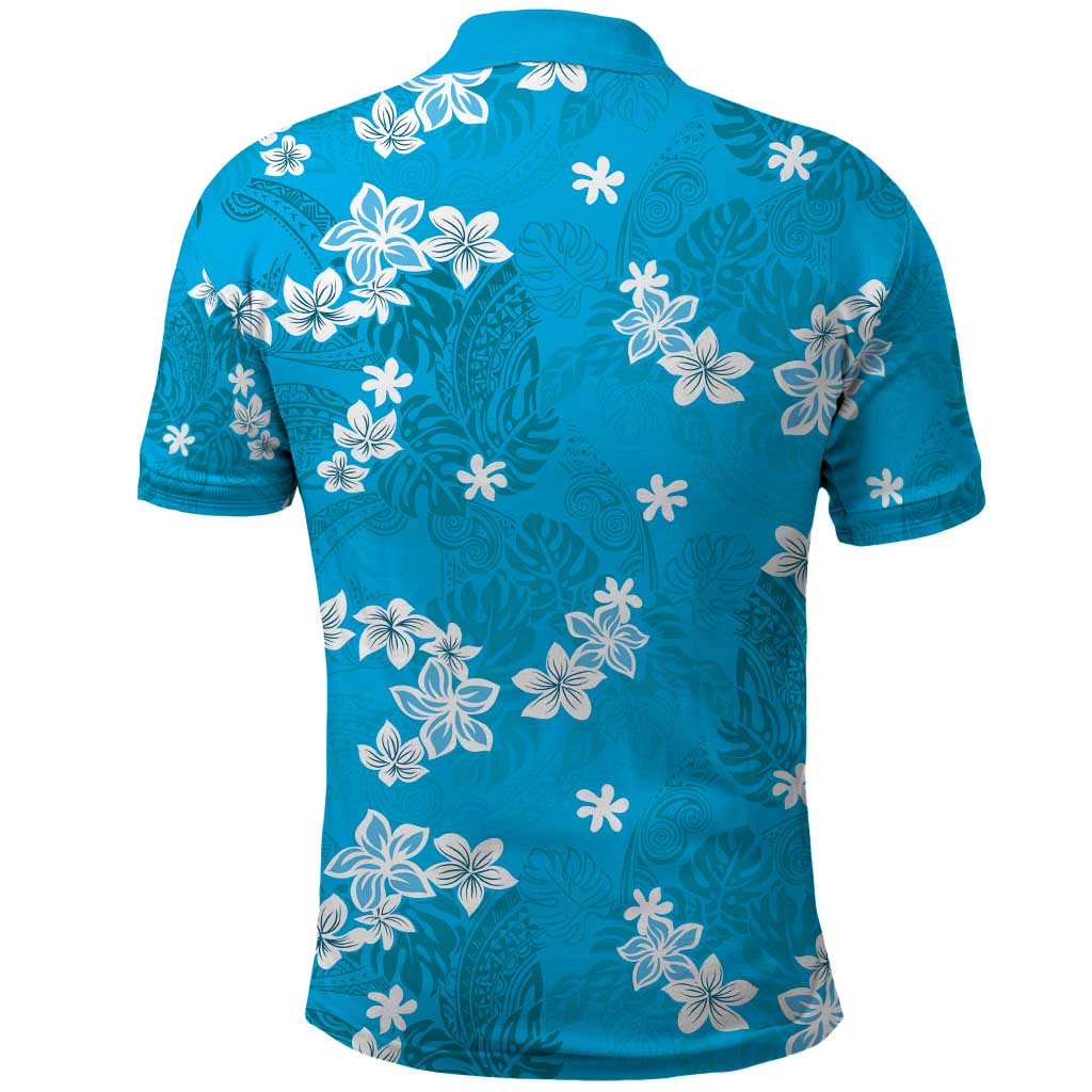 Hawaii Monstera Deliciosa Polo Shirt Blue Plumeria Polynesian Pattern - Polynesian Pride