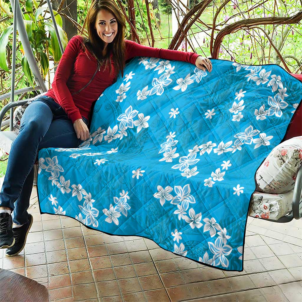 Hawaii Monstera Deliciosa Quilt Blue Plumeria Polynesian Pattern - Polynesian Pride