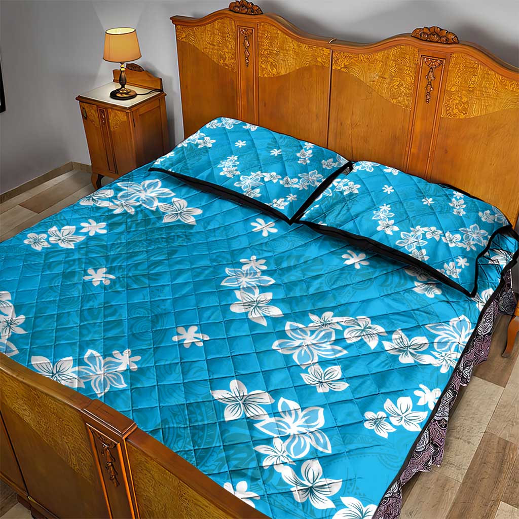 Hawaii Monstera Deliciosa Quilt Bed Set Blue Plumeria Polynesian Pattern - Polynesian Pride