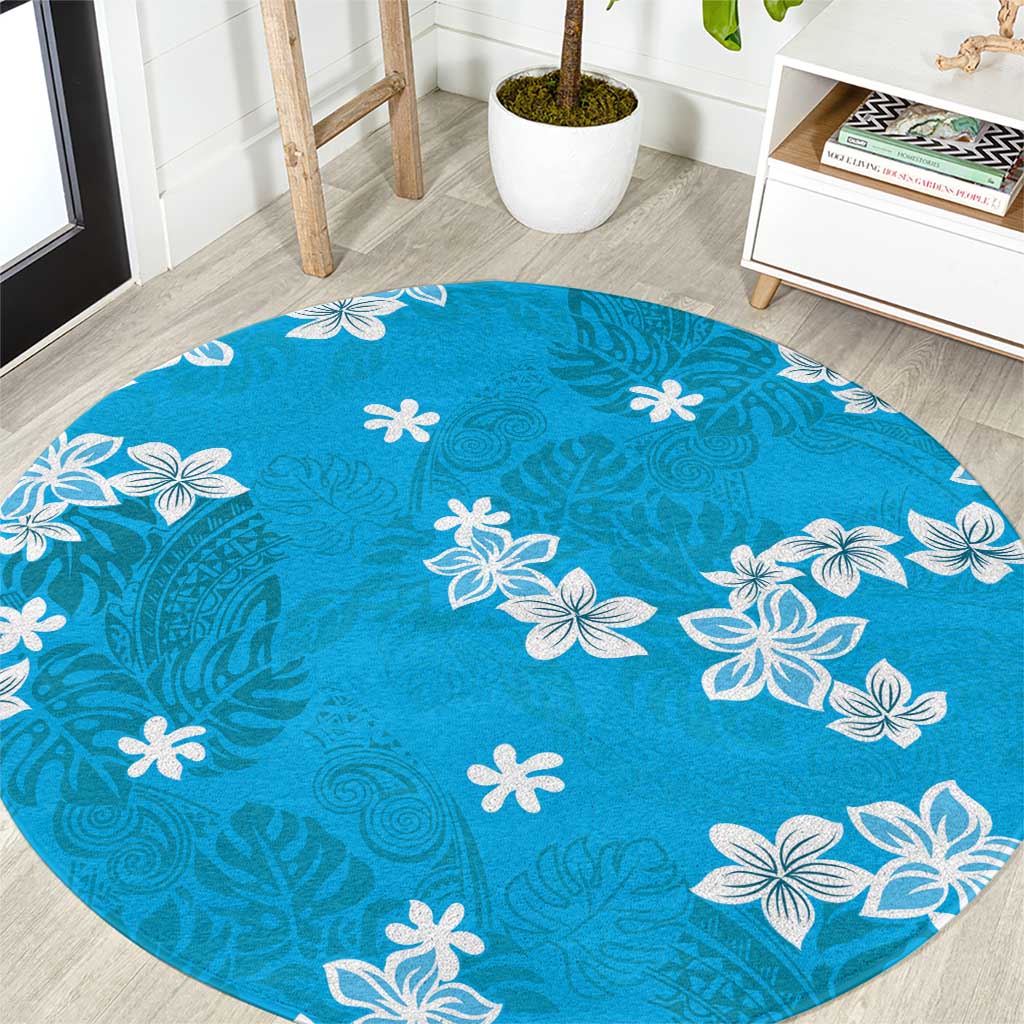 Hawaii Monstera Deliciosa Round Carpet Blue Plumeria Polynesian Pattern - Polynesian Pride
