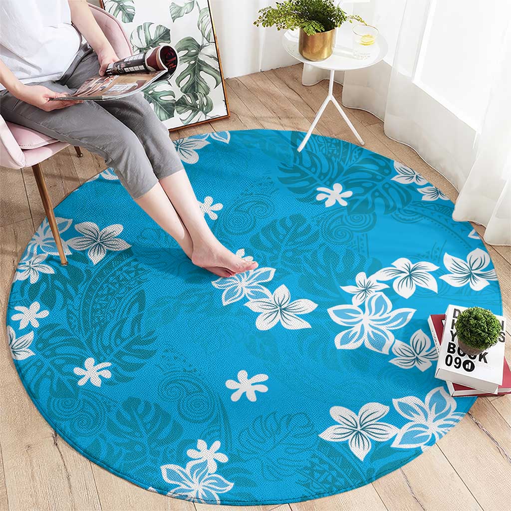Hawaii Monstera Deliciosa Round Carpet Blue Plumeria Polynesian Pattern - Polynesian Pride