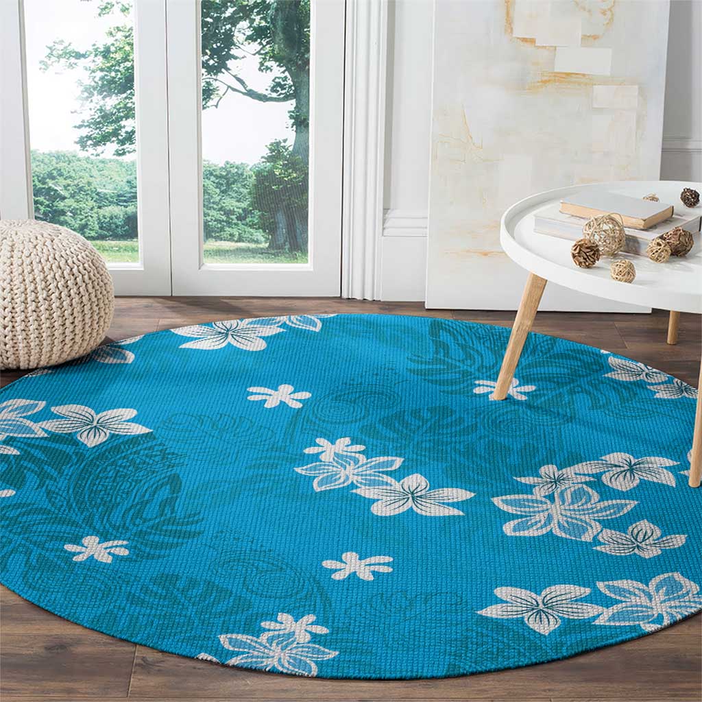 Hawaii Monstera Deliciosa Round Carpet Blue Plumeria Polynesian Pattern - Polynesian Pride