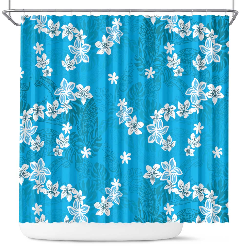Hawaii Monstera Deliciosa Shower Curtain Blue Plumeria Polynesian Pattern - Polynesian Pride