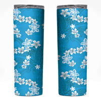Hawaii Monstera Deliciosa Skinny Tumbler Blue Plumeria Polynesian Pattern - Polynesian Pride