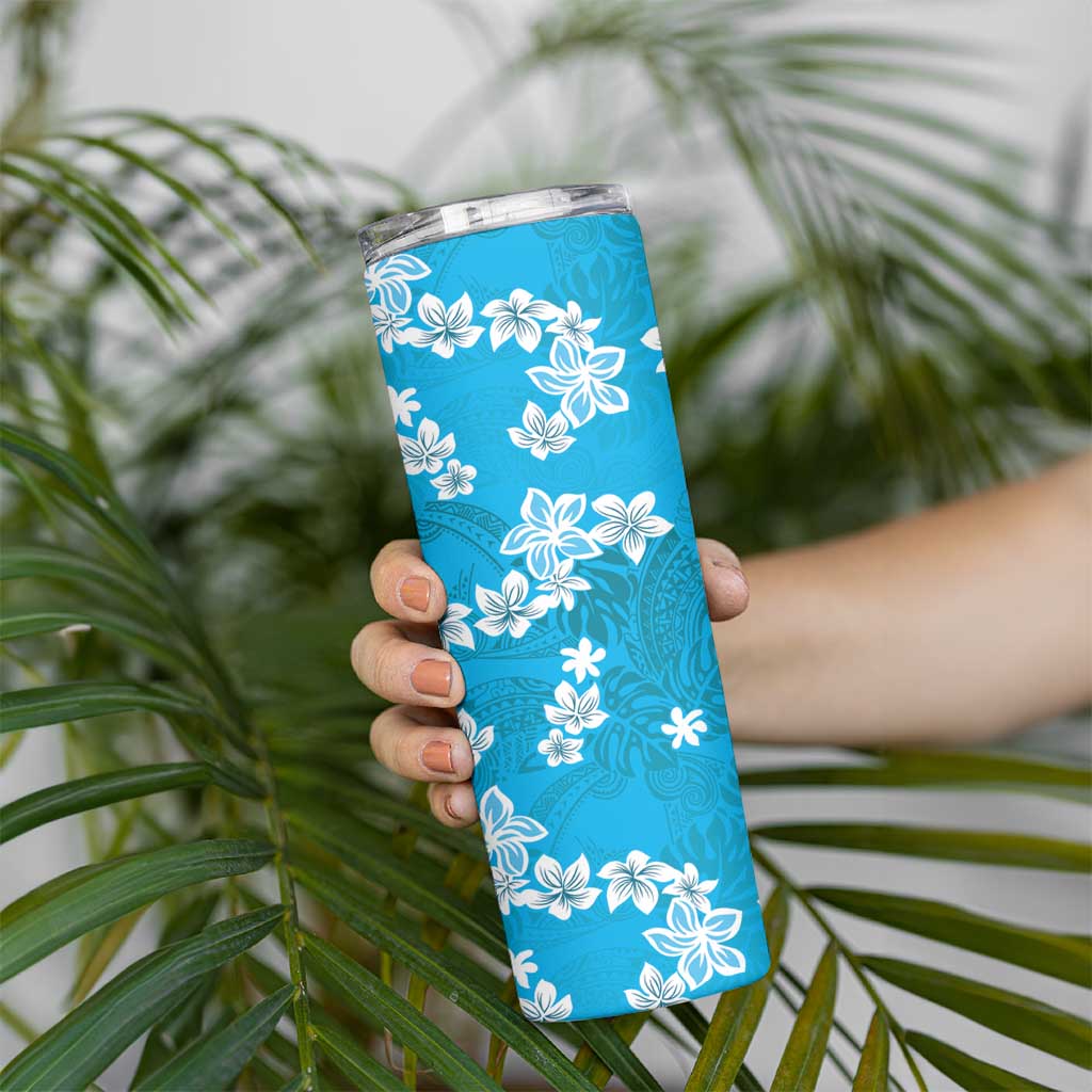 Hawaii Monstera Deliciosa Skinny Tumbler Blue Plumeria Polynesian Pattern - Polynesian Pride