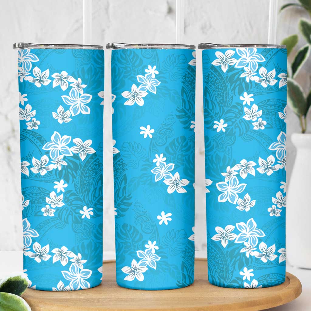 Hawaii Monstera Deliciosa Skinny Tumbler Blue Plumeria Polynesian Pattern - Polynesian Pride