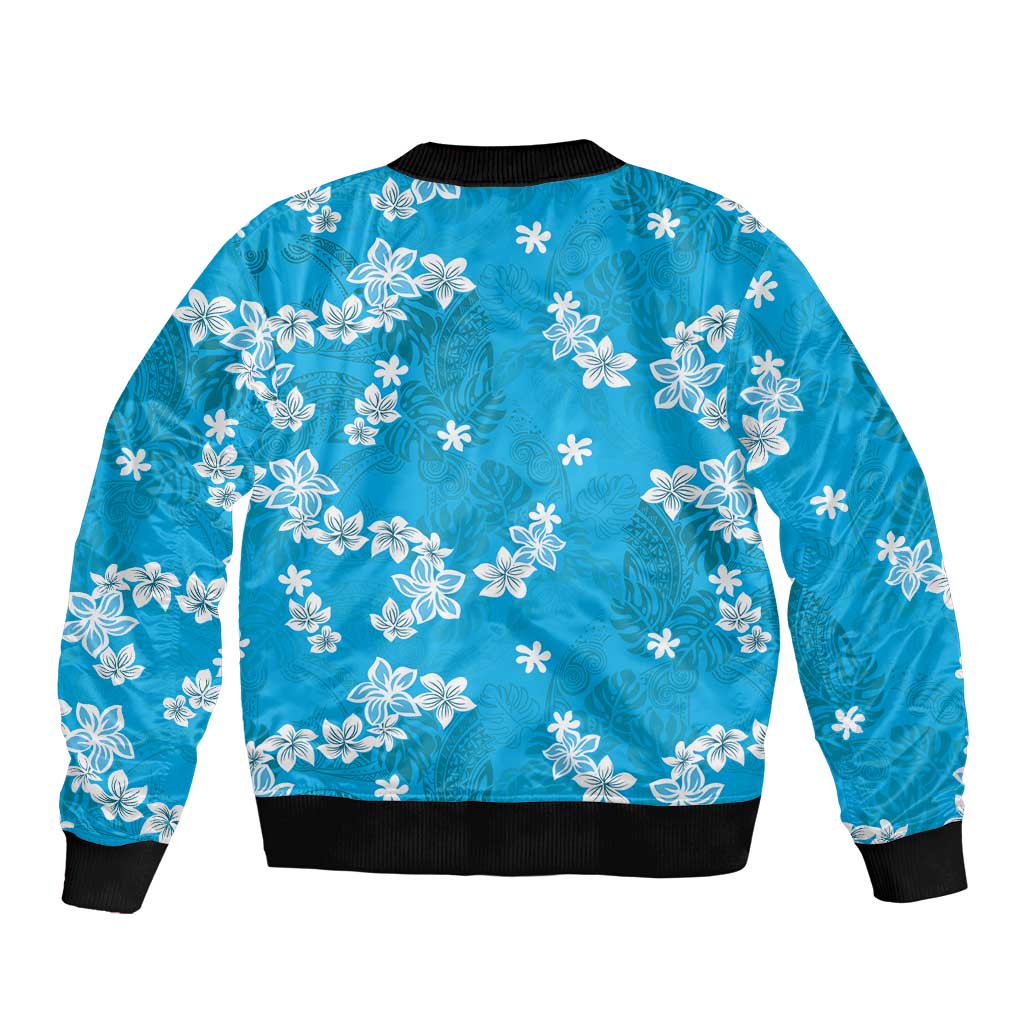 Hawaii Monstera Deliciosa Sleeve Zip Bomber Jacket Blue Plumeria Polynesian Pattern LT05 - Polynesian Pride