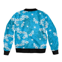 Hawaii Monstera Deliciosa Sleeve Zip Bomber Jacket Blue Plumeria Polynesian Pattern LT05 - Polynesian Pride