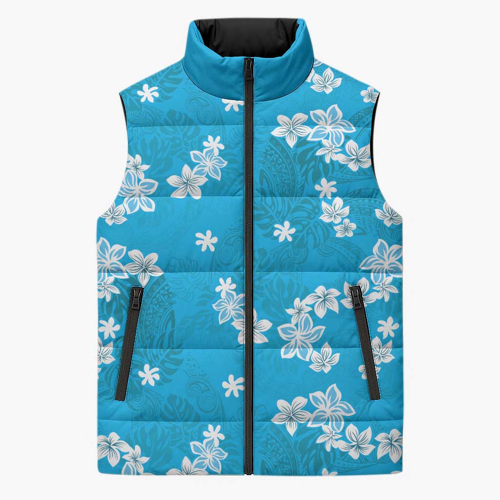 Hawaii Monstera Deliciosa Sleeveless Puffer Jacket Blue Plumeria Polynesian Pattern LT05 Unisex Blue - Polynesian Pride
