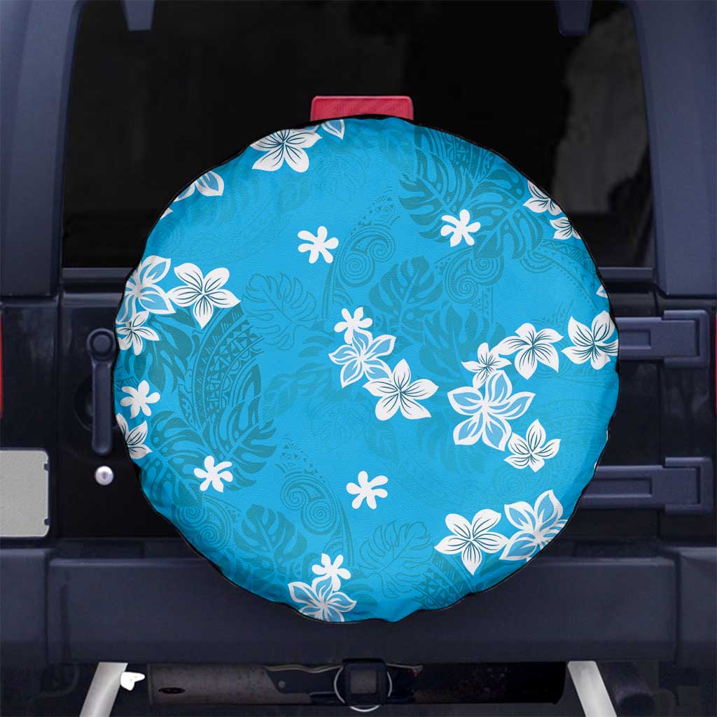 Hawaii Monstera Deliciosa Spare Tire Cover Blue Plumeria Polynesian Pattern - Polynesian Pride