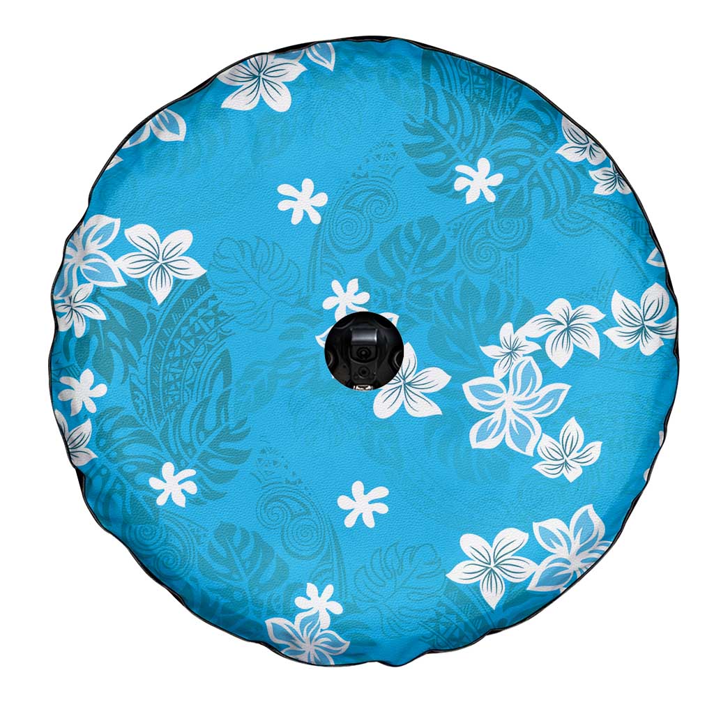 Hawaii Monstera Deliciosa Spare Tire Cover Blue Plumeria Polynesian Pattern - Polynesian Pride
