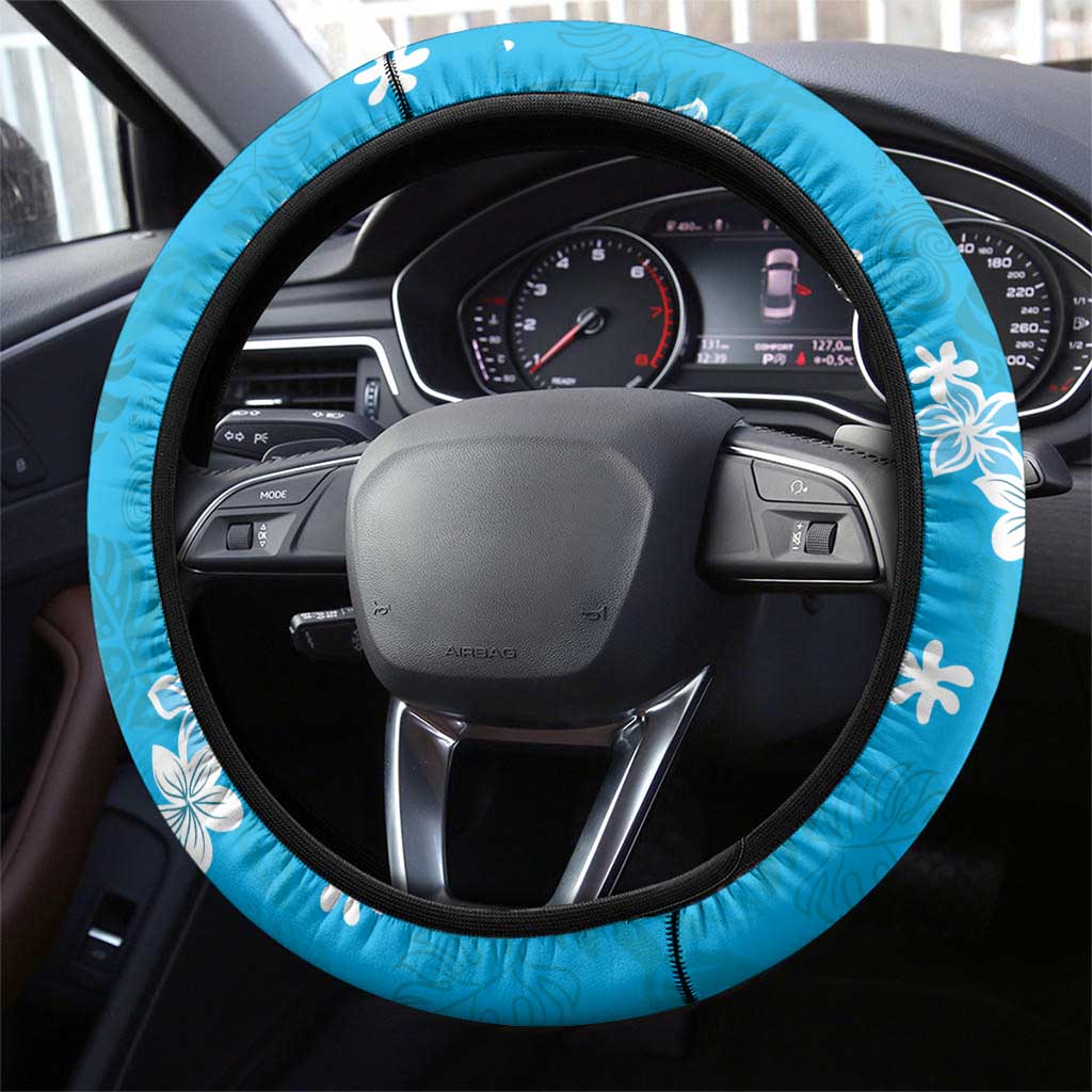 Hawaii Monstera Deliciosa Steering Wheel Cover Blue Plumeria Polynesian Pattern - Polynesian Pride