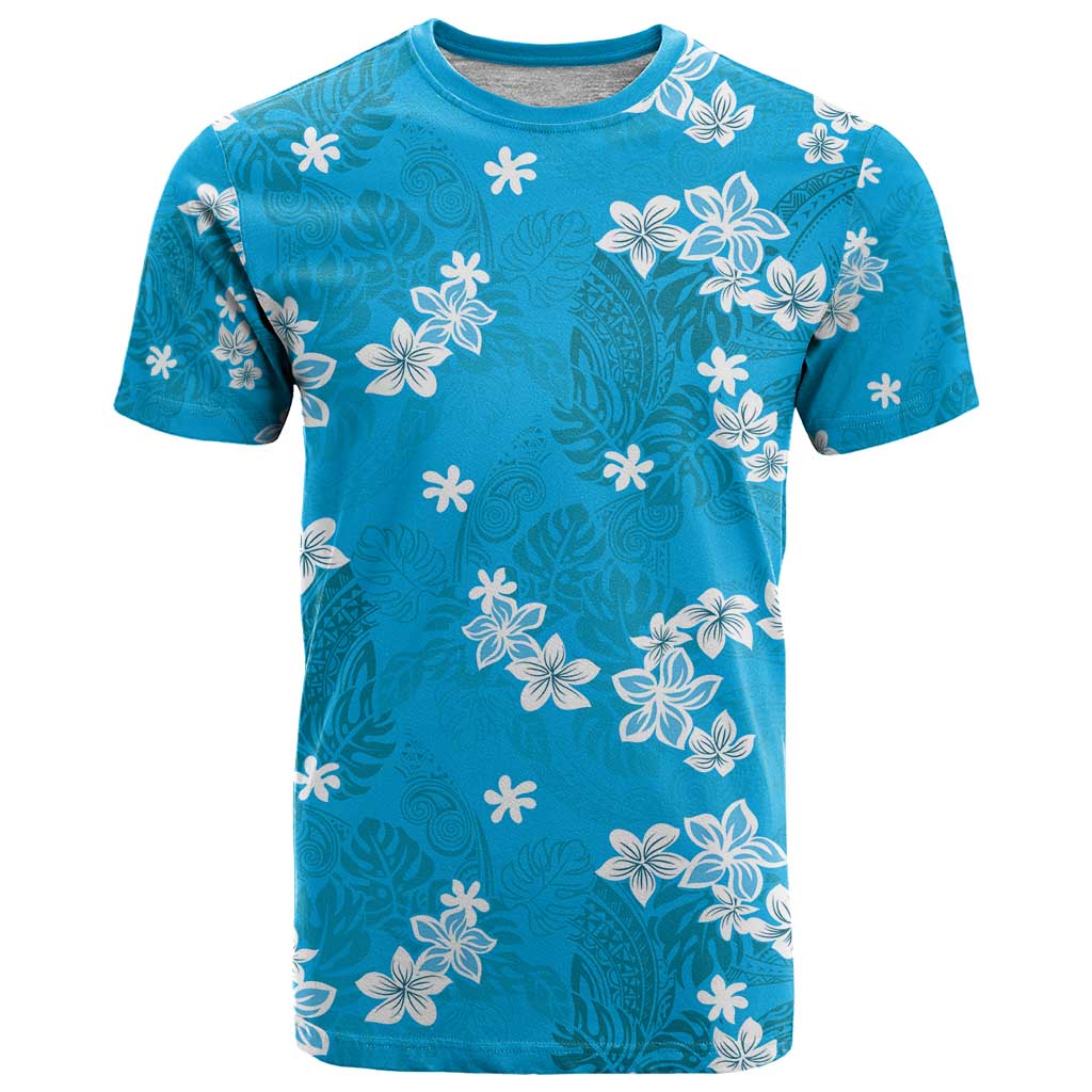 Hawaii Monstera Deliciosa T Shirt Blue Plumeria Polynesian Pattern - Polynesian Pride