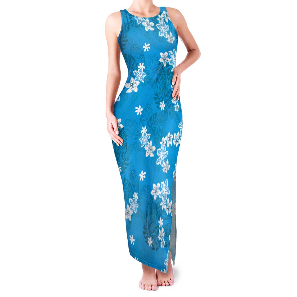 Hawaii Monstera Deliciosa Tank Maxi Dress Blue Plumeria Polynesian Pattern - Polynesian Pride