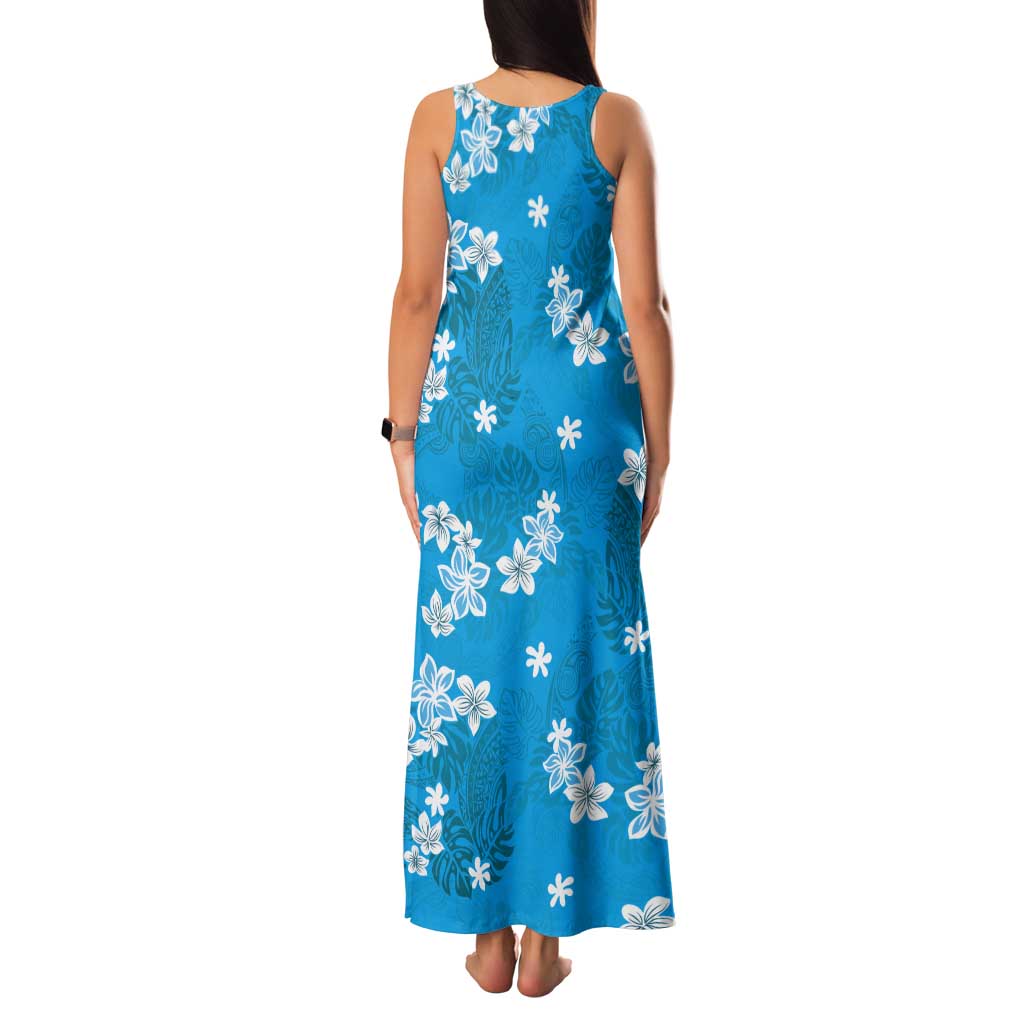Hawaii Monstera Deliciosa Tank Maxi Dress Blue Plumeria Polynesian Pattern - Polynesian Pride
