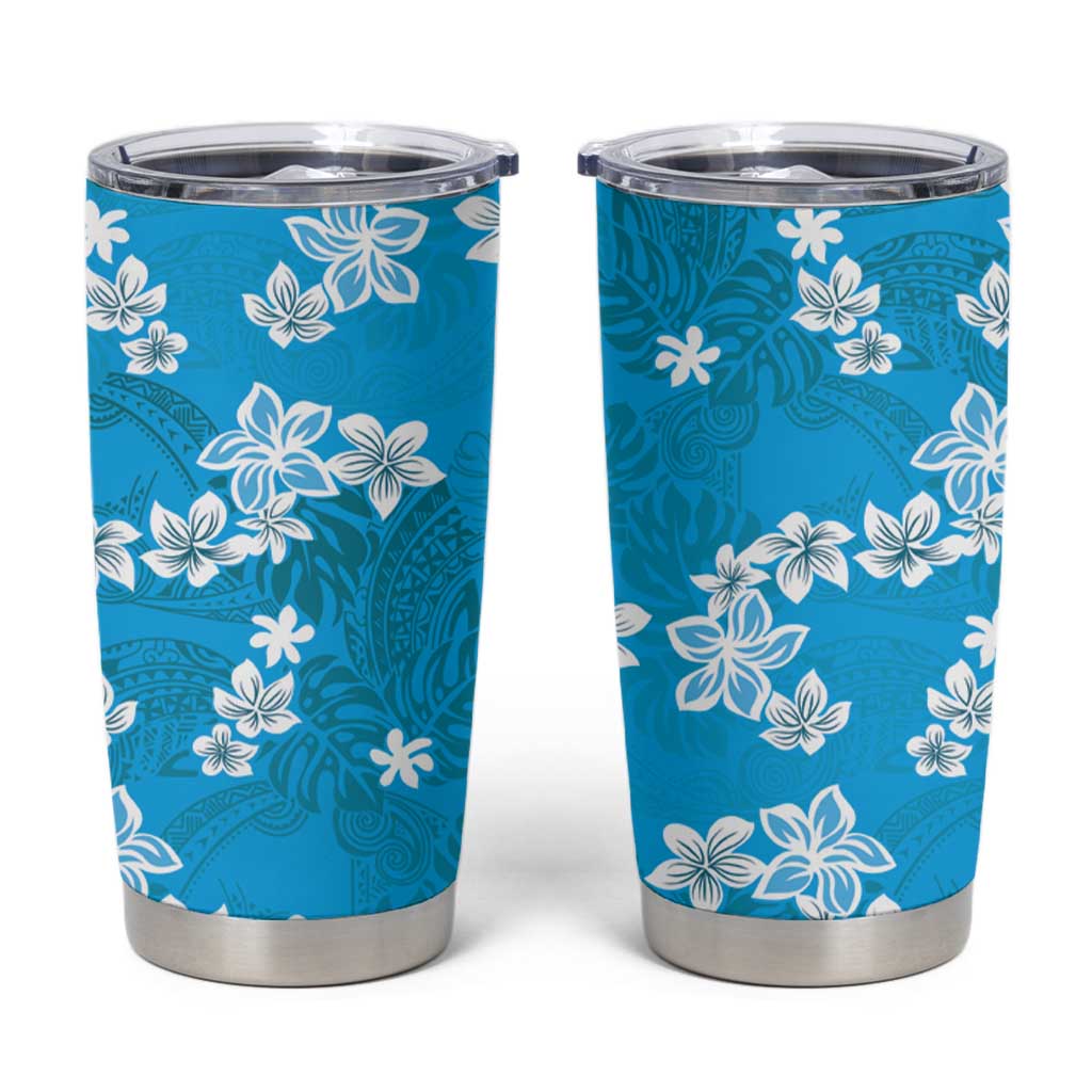 Hawaii Monstera Deliciosa Tumbler Cup Blue Plumeria Polynesian Pattern - Polynesian Pride