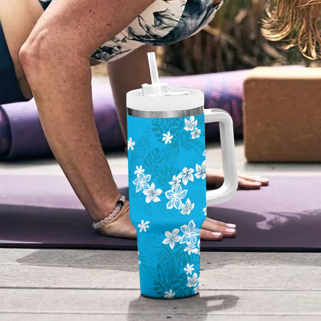 Hawaii Monstera Deliciosa Tumbler With Handle Blue Plumeria Polynesian Pattern - Polynesian Pride